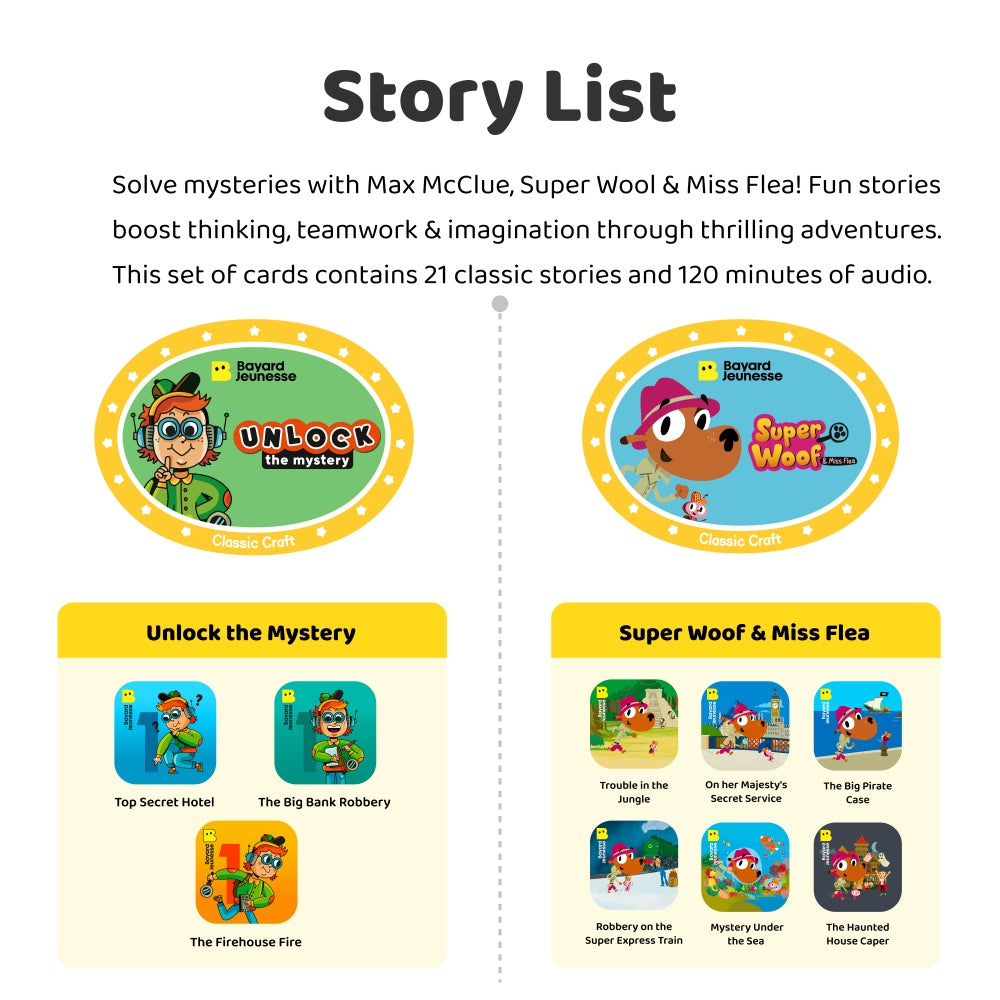 Mystery Solvers Club 1 – Classic Craft Story Cards, 21 Detective Stories, 121 Min Audio, Screen-Free Learning Stories for Kids 5–10, Bedtime & Travel Story Cards (No Device)